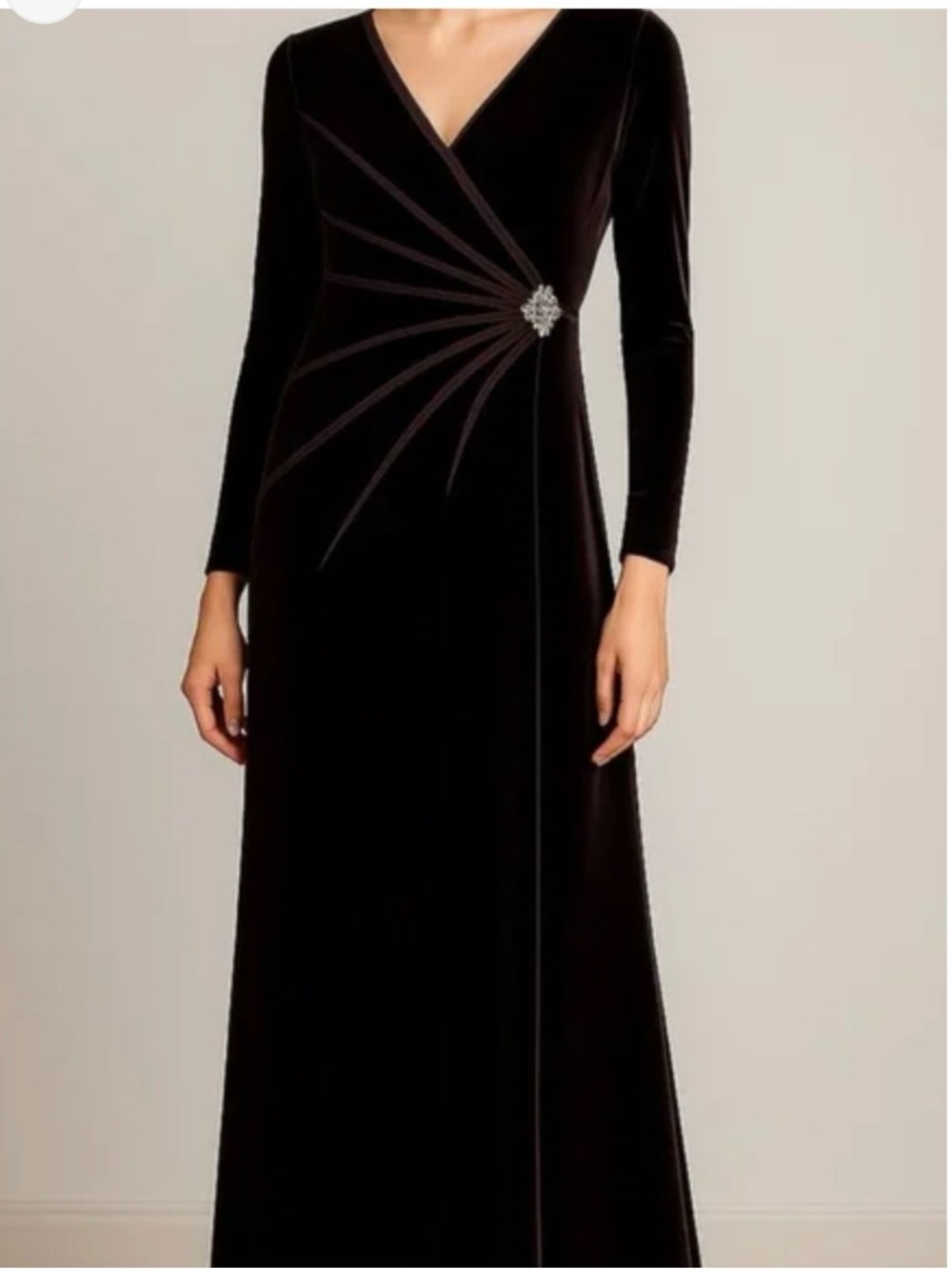 TADASHI Stretch Velvet Ribbon Accent Rhinestone Clasp Maxi Black Dress ~ Medium